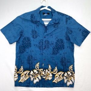 R. Apparel Mens Large Button Up Shirt Hawaiian Style Blue Floral Short Sleeves